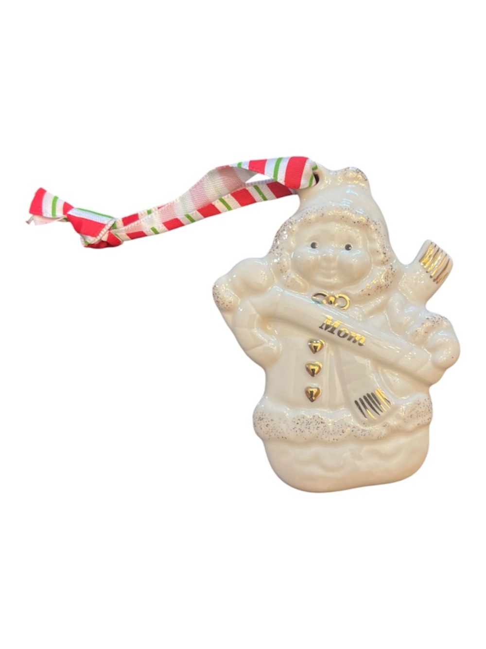 Lenox Cream Ceramic 'Mom' Snowperson Ornament with Striped Ribbon